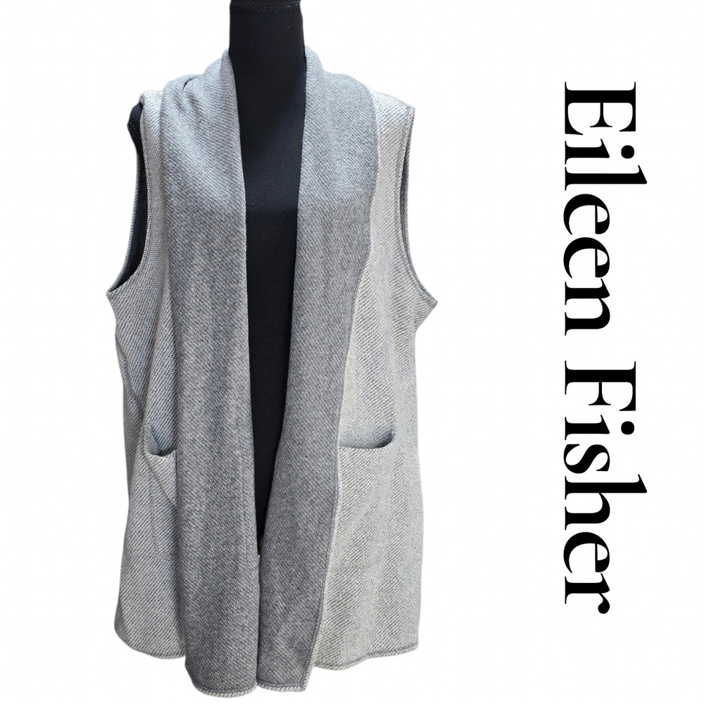 Eileen Fisher Vest Women XL Grey Wool Cotton Knit Open Front Shawl Pocket Luxury
